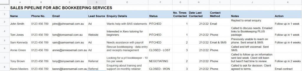 Microsoft Excel spreadsheet for tracking leads from your online ads for your Xero Bookkeeping Business. Learn how to use Xero with the Advanced Certificate in Xero Accounting from 123 Group Pty Ltd