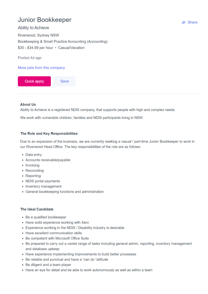 Job ad and description for bookkeeper with Xero skills and experience. Upskill and learn how to use Xero to fill gaps in your resume. The Career Academy for National Bookkeeping online training courses